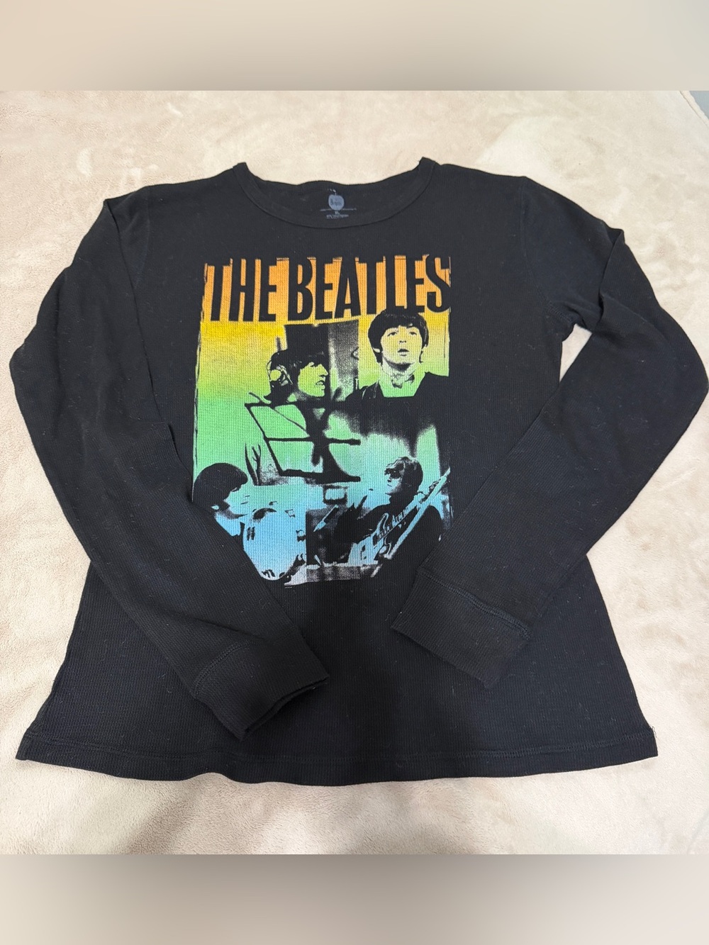 The Beatles Black Long Sleeve Graphic Tee with Rainbow Print